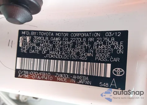 2012 Toyota Prius Two z USA, uszkodzony, nr VIN JTDKN3DU2C1531465